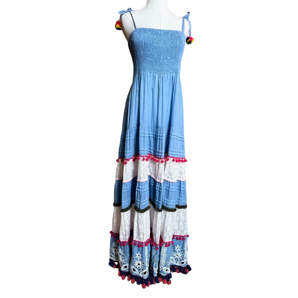 Blanco de Ibiza Boho Maxi Dress S Smocked Cotton Lace Pom Pom Tiered Blue Dress - Picture 5 of 11
